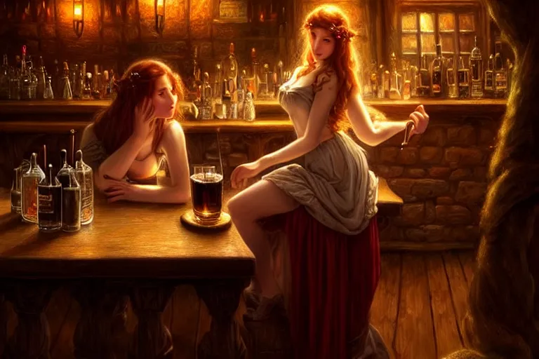 Prompt: a beautiful barmaid, dimly lit cozy tavern, relaxed pose, fantasy, intricate, elegant, dramatic lighting, emotionally evoking symbolic metaphor, highly detailed, lifelike, photorealistic, digital painting, artstation, concept art, smooth, sharp focus, illustration, art by John Collier and Albert Aublet and Krenz Cushart and Artem Demura and Alphonse Mucha, epic composition, grim yet sparkling atmosphere, dim volumetric lighting, 8k octane beautifully detailed render, post-processing, extremely hyperdetailed, cinematic lighting + masterpiece, trending on artstation
