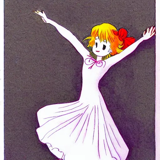 Prompt: girl in a white gown dancing in her bedroom as the sun is rising drawn by naoko takeuchi