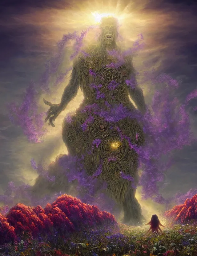 Image similar to A terrifying giant monster made of flowers, beautiful atmosphere, god rays, masterpiece digital painting by Alex Grey, Greg Rutkowski, 4k wallpaper