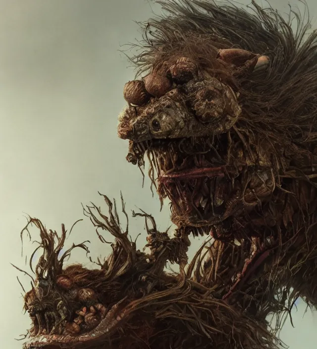 Image similar to hyper realistic portrait of postapocalyptic muppet show monster goblin, cinematic, symmetric, dark crystal, artstation, cgsociety, alan lee, jean baptiste monge, scott radke