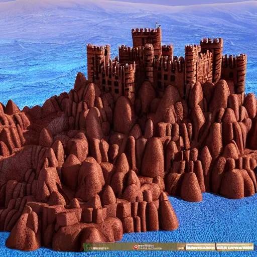 Prompt: Castles made of cake, on jagged chocolate mountains, near a strawberry smoothie river, highly detailed, 8k octane render