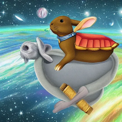 Prompt: rabbit riding a dog riding a turtle in space