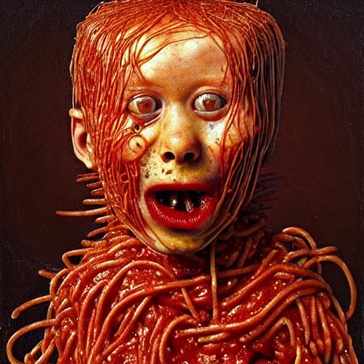 Image similar to a boy made of spaghetti and tomato sauce, looking straight into camera, screaming in desperation, by giuseppe arcimboldo and ambrosius benson, renaissance, fruit, intricate and intense oil paint, a touch of beksinski and hr giger and edward munch, realistic