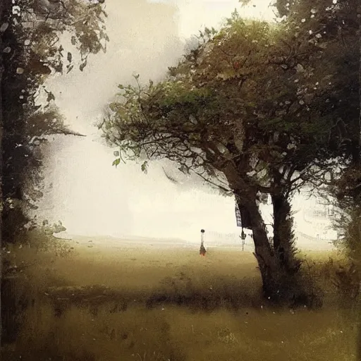 Image similar to painting by jakub rozalski of a house hanging on trees