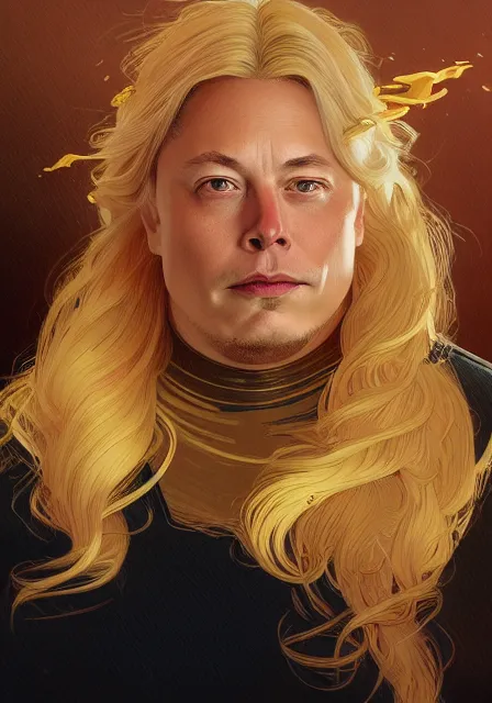 Image similar to fat elon musk with gold hair, intricate, elegant, highly detailed, digital painting, artstation, concept art, smooth, sharp focus, illustration, art by artgerm and greg rutkowski and alphonse mucha and william - adolphe bouguereau