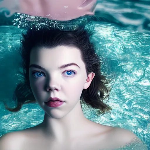 Prompt: portrait of a beautiful girl like anya taylor - joy floating under the deep water, white petal, by personal photography, art by brookskim, closeup, 4 k, highly detailed, instagram,