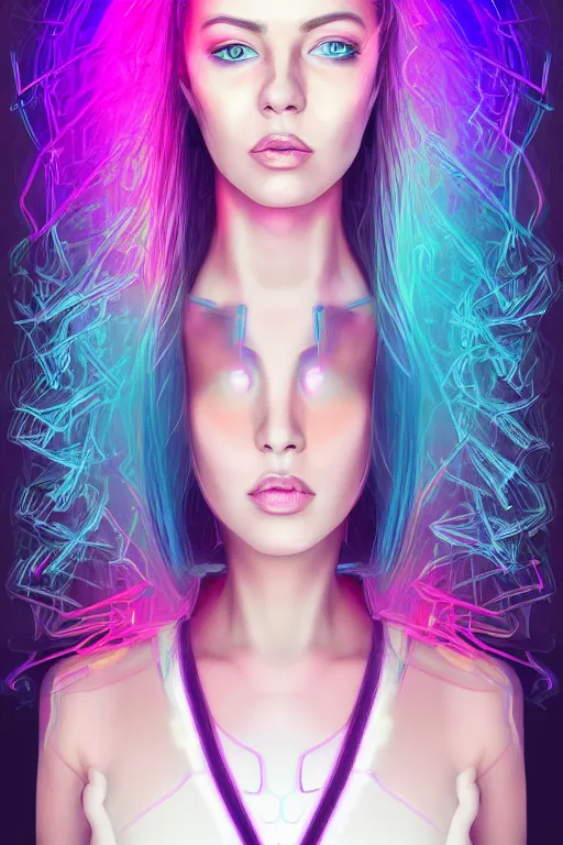 Image similar to a award winning half body portrait of a beautiful woman with stunning eyes in a croptop and cargo pants with ombre purple pink teal hairstyle and hands in pockets by thomas danthony, surrounded by whirling illuminated lines, outrun, vaporware, shaded flat illustration, digital art, trending on artstation, highly detailed, fine detail, intricate