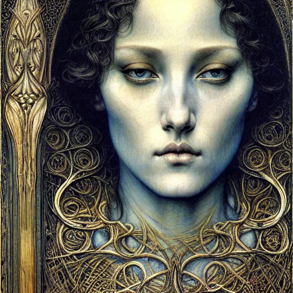 Image similar to detailed realistic beautiful young medieval queen face portrait by jean delville, gustave dore and marco mazzoni, art nouveau, symbolist, visionary, gothic, pre - raphaelite. horizontal symmetry