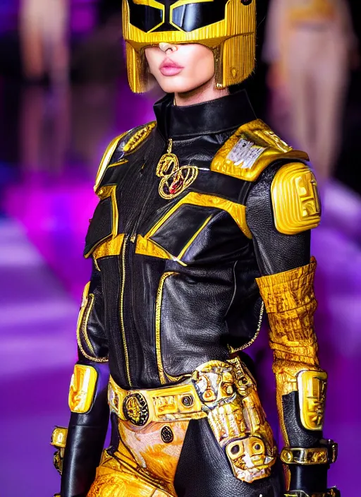 Image similar to hyperrealistic and heavy detailed versace runway show of judge dredd, leica sl 2 5 0 mm, vivid color, high quality, high textured, real life 8 k