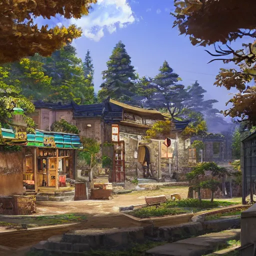 Image similar to concept art painting of a historic bakery with european and japanese architecture, in a woodland village surrounded by trees, in a mountain valley, realistic, detailed, cel shaded, in the style of makoto shinkai and greg rutkowski and james gurney