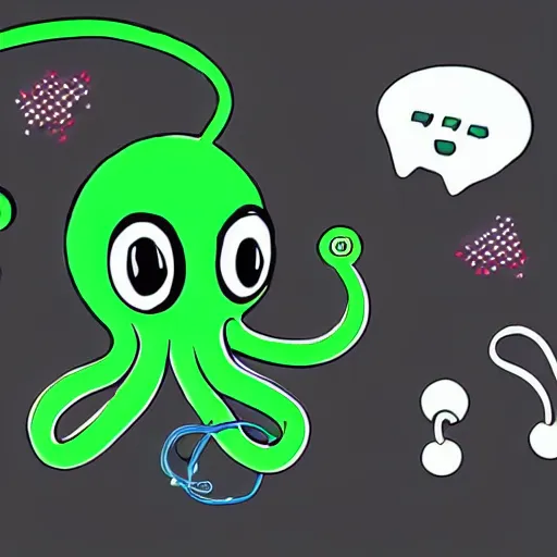 Prompt: a cute acqua green little octopus playing videogames, with various joypads in his tentacles and a pair of headphones, dark black background, digital drawing, photoshop, high definition, gamer