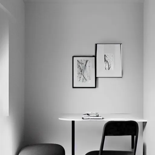 Image similar to “minimalistic alcove with white walls and small table and chair, the table and chair are white, there is a bay window in the alcove and outside the window is a snowstorm. Soft lighting. Photorealistic. Ultra HD. In the style of an interior design magazine spread”