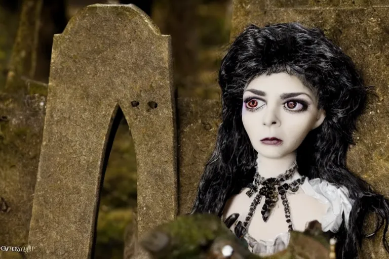 Image similar to photo taken of an epic intricate, ultra detailed, super realistic stop motion puppet of a majestic gracious regal aristocratic brunette female vampire in a graveyard filmset created by weta workshop directed by tim burton, menacing, close up shots, moody night time scene, photorealistic, sharp focus, gloomy, extremely cold blueish colour temperature, 3 5 mm, f 1. 4