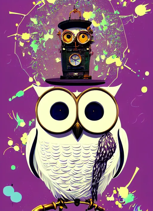 Image similar to anthropomorphic wise wealthy white - owl travels through time via steampunk portals, pixiv fanbox, dramatic lighting, maximalist pastel color palette, splatter paint, pixar and disney exploded - view drawing, graphic novel by fiona staples and dustin nguyen, peter elson, alan bean, wangechi mutu, clean cel shaded vector art, trending on artstation