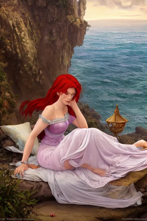 Image similar to a hyperdetailed matte painting of triss merigold as a princess asleep on a bed in a tower, sleeping beautry, window overlooking cliffs and crashing waves in the background, highly detailed, deep focus, elegant, digital painting, smooth, sharp focus, ultra realistic, 8 k, art by artgerm and alphonse mucha
