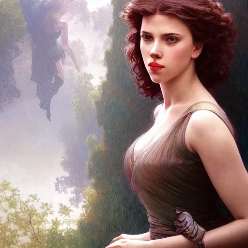 Image similar to young Scarlett Johansson from another dimension, cinematic lighting, intricate, elegant, highly detailed, digital painting, artstation, sharp focus, illustration, art by artgerm and greg rutkowski and alphonse mucha and Wayne Barlowe and william-adolphe bouguereau