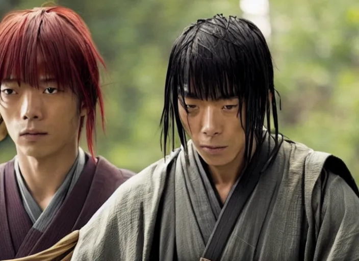 Prompt: movie still from Rurouni Kenshin, 2012, cinematic, Takeru Satoh, samurai half man half asian black bear, epic