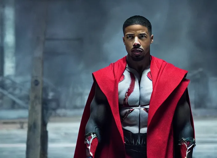 Image similar to film still of michael b jordan as spawn in the new spawn movie, giant chains, large cape, 8 k
