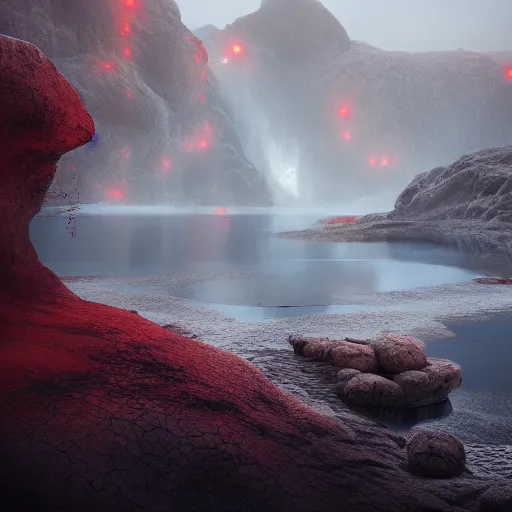 Image similar to landscape of a large Infiniti pool sitting in hell. intricate artwork by artstation. halo. octane render, cinematic, hyper realism, octane render, 8k, bokeh, demonic, dark, devil, demons, mist, red illuminating fog, rocks, hell. scheme.