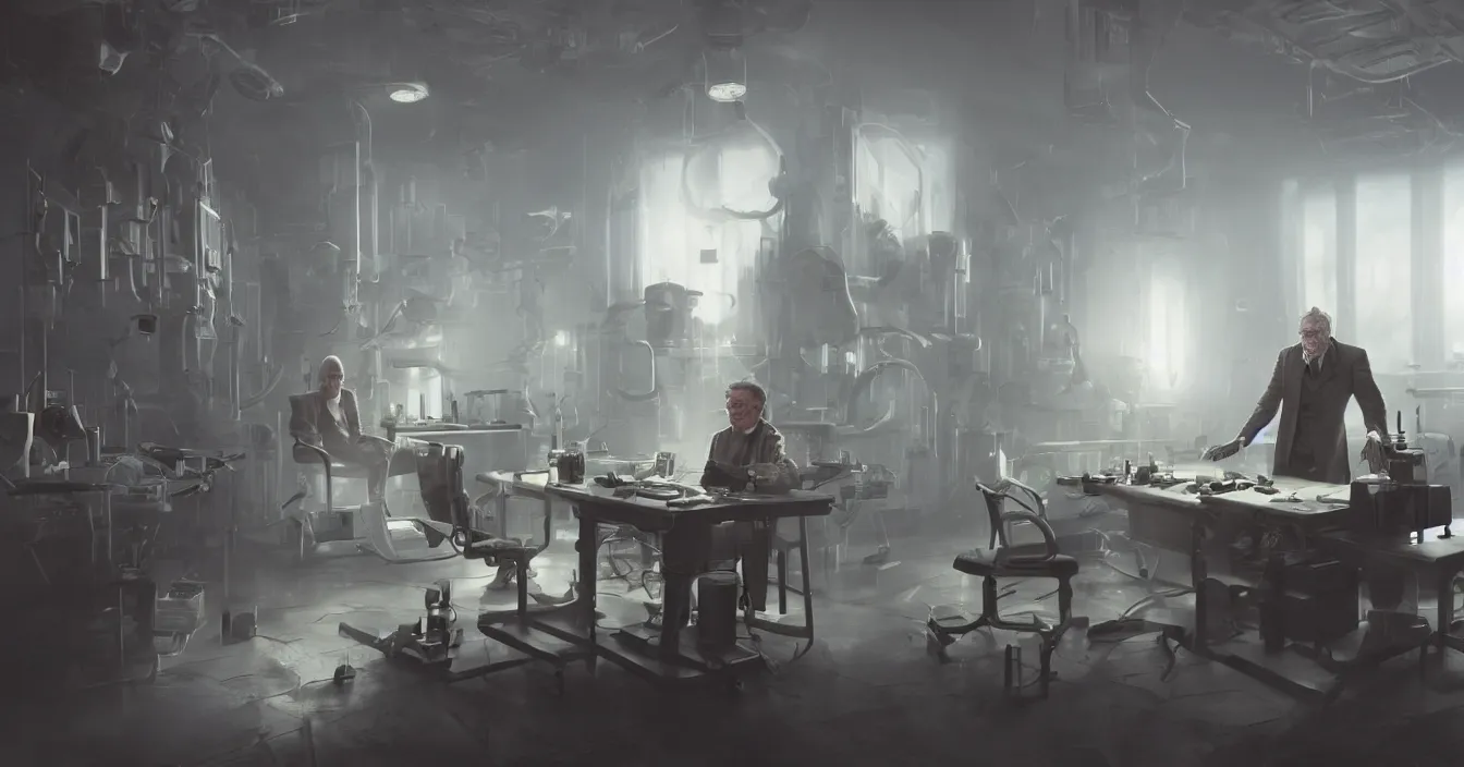 Image similar to realistic image from scifi movie with old doctor creating new humanoid robots in his laboratory, table with scifi tools, reflections, volumetric fog light, dark atmosphere, dramatic cinematic composition, depth, defocus, rendered in vray, raytracing, raymarching, by ilm, digital domain, weta digital