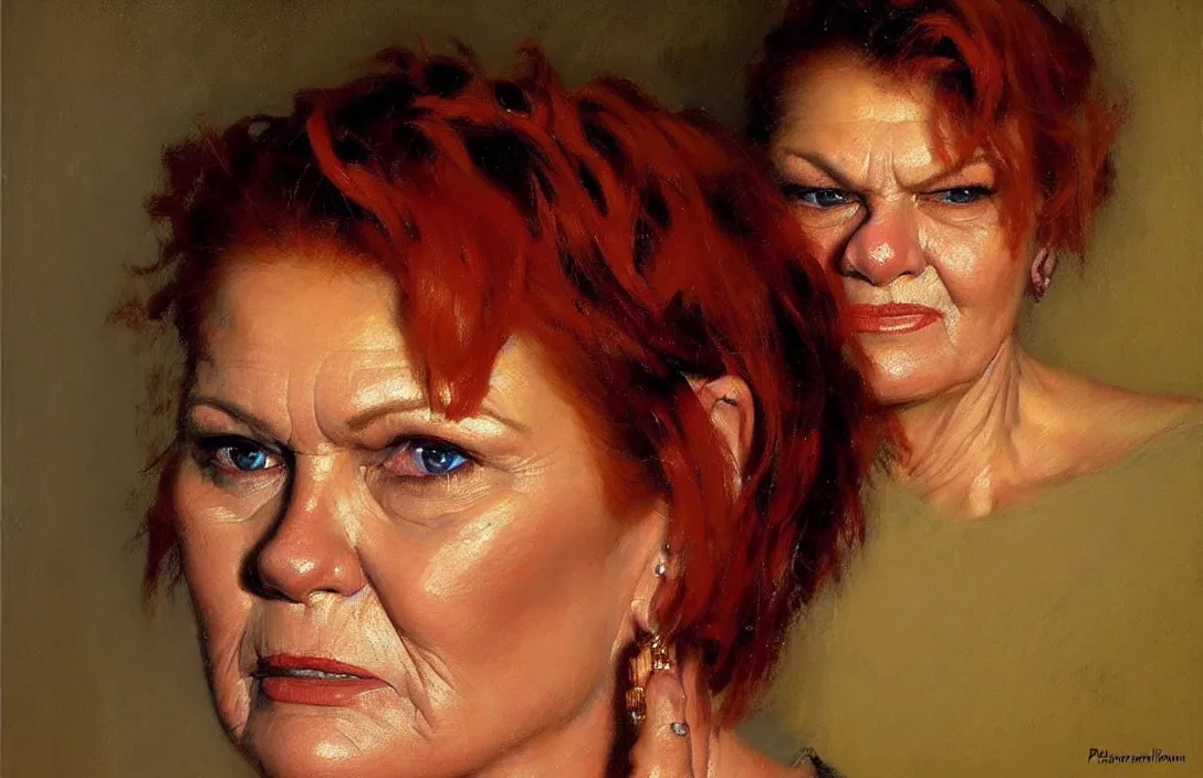 Image similar to portrait of pauline hanson!!!!!!!!!!!!!!!!!!!!!!!!!!!, detailed face, detailed painting, epic lighting, by ilya repin, phil hale and kent williams