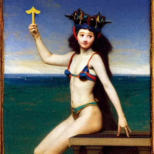 Image similar to A girl jester on the front of a Balustrade with a beach on the background, major arcana, by paul delaroche, hyperrealistic