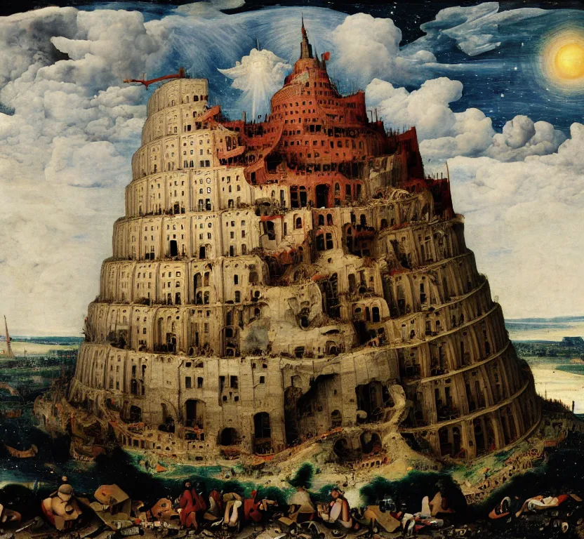 Image similar to a painting of the rubble that used to be the tower of babel, after it was hit by an explosion, at night with a sky full of stars, by pieter breugel the elder