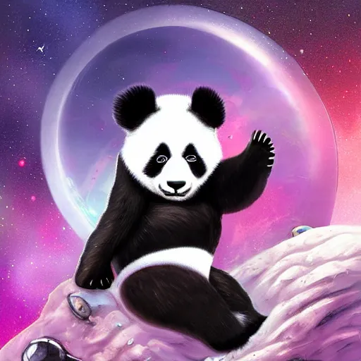 Prompt: A panda in space, with a space suit on, dark fantasy style, digital art, highly detailed