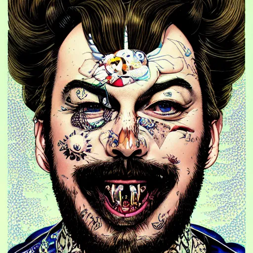 Image similar to portrait of crazy post malone, symmetrical, by yoichi hatakenaka, masamune shirow, josan gonzales and dan mumford, ayami kojima, takato yamamoto, barclay shaw, karol bak, yukito kishiro, areuz