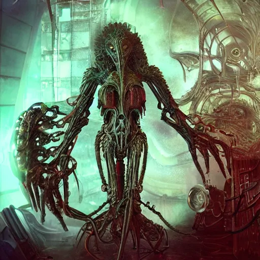 Prompt: highly evolved biomechanical phyrexian dreadnought plus pregnant borg queen hybrid being possessed by the machine spirit artists tram pararam and doctor seuss with beryl cook and hr giger neon high contrast cinematic light, mystical shadows, sharp focus, octane render