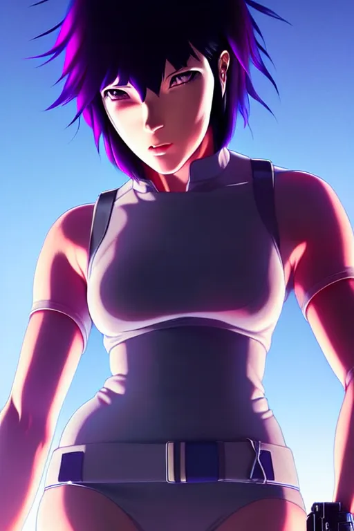 Image similar to a fullbody portrait of motoko kusanagi the major ghost in the shell : : stand alone complex, under repairs, maintenance : : by ilya kuvshinov, rossdraws, artgerm, sola digital arts, anti aliasing, raytracing : :