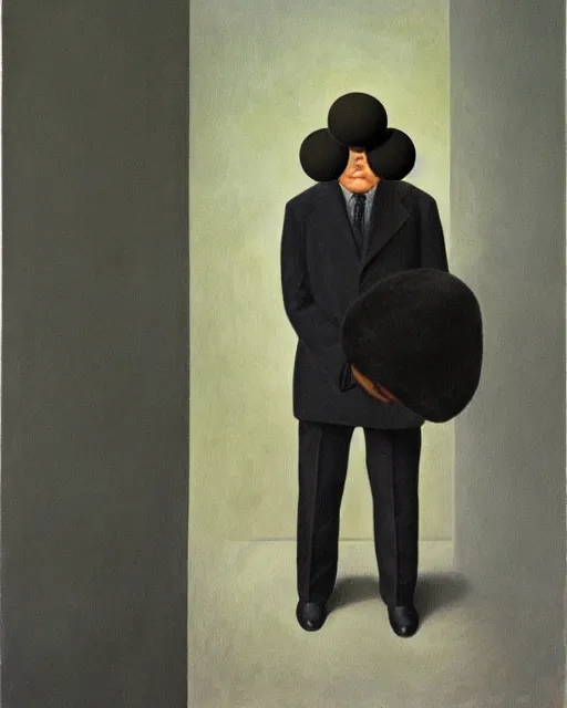 Prompt: painting of a man with a kiwifruit covering his face, wearing a bowler hat and overcoat, standing in front of the post-apocalypse, oil on canvas, by René Magritte