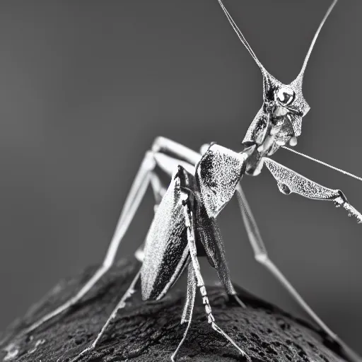 Image similar to Macro photography of a silver robot mantis in the wild, 88m Sigma f/1.4, dramatic lighting