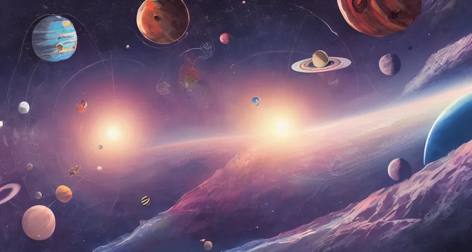 Image similar to A beautiful artwork illustration, an outer space exhibit cluttered with planets, featured on artstation, wide angle, horizontal orientation