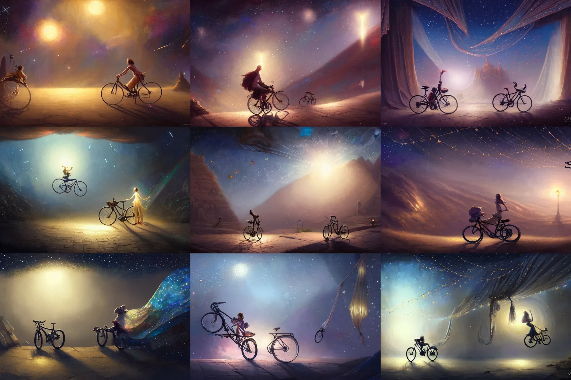 Prompt: a bike projecting an image out of its handles of another land with stars and hanging silk drapery and tapestries, light dust, magnificent, close up, sharp focus, elegant, highly detailed, illustration, by jordan grimmer greg rutkowski wlop maya takamura, intricate, trending artstation, pixiv, digital art