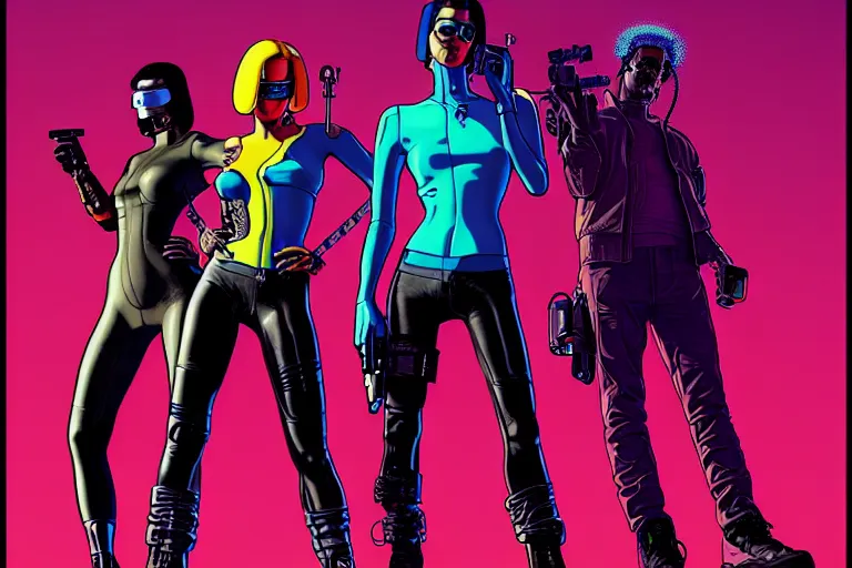 Image similar to cyberpunk heist crew. portrait by stonehouse and mœbius and will eisner and gil elvgren and pixar. character design. realistic proportions. dystopian. cyberpunk 2 0 7 7, apex, blade runner 2 0 4 9 concept art. cel shading. attractive face. thick lines. hi def 4 k. the team. detailed characters.