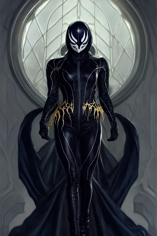 Image similar to venom eddie brock symbiote gothic navy cloak with gold details, castle town, fantasy character portrait, ultra realistic, intricate, elegant, highly detailed, digital painting, artstation, smooth, sharp, focus, illustration, art by artgerm and greg rutkowski and alphonse mucha