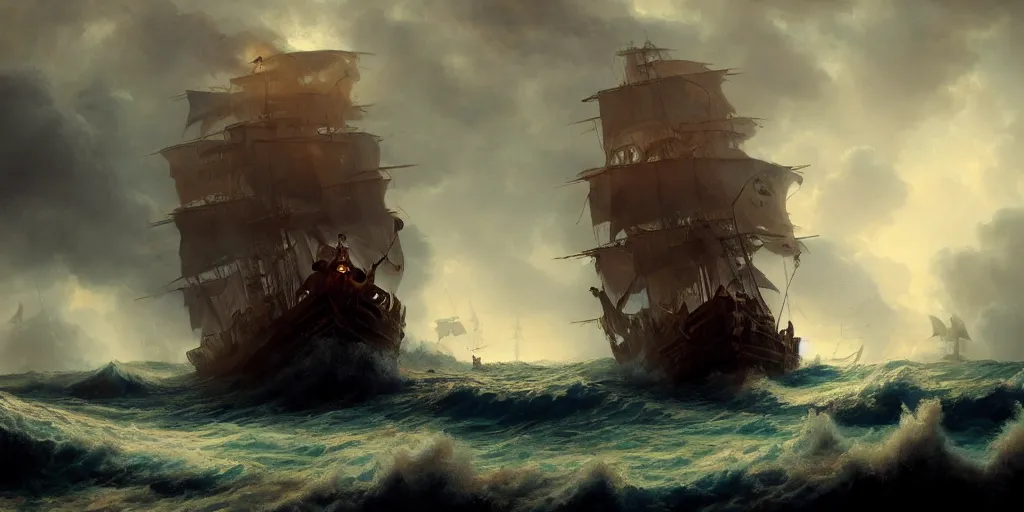 Image similar to a pirate ship from 1 7 0 0 s in the middle of a storm, extremely detailed digital painting, in the style of fenghua zhong and ruan jia and jeremy lipking and peter mohrbacher, mystical colors, rim light, beautiful lighting, 8 k, stunning scene, raytracing, octane, trending on artstation