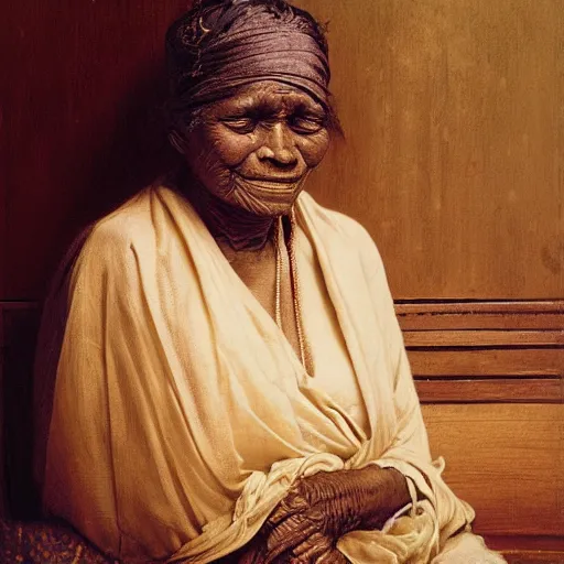 Prompt: detailed potrait of blindfolded old srilankan woman sitting in dark room, girl graceful,, painting by james jean, craig mullins, j. c. leyendecker, lights, art by ernst haeckel, john william godward, hammershøi,,