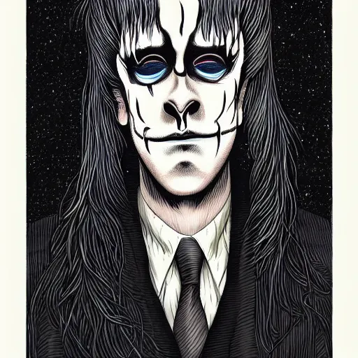 Image similar to detailed print of man wearing corpse paint. Artwork by Junji Ito and dan Mumford