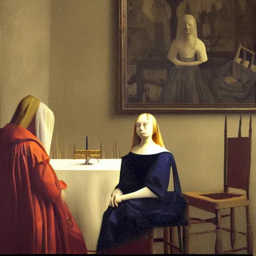 Prompt: a painting of Elle Fanning at a seance surrounded by ghosts, by Johannes Vermeer