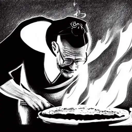 Prompt: very detailed black and white pencil sketch of walter white cooking a pizza with a blowtorch