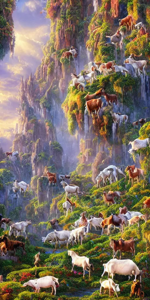 Image similar to a herd of goats! on stairs in a beautiful fantasy cathedral, epic, grandiose, many goats, magic, tall towers, gorgeous clouds, colorful, sunrays, digital painting, landscape, octane render, unreal engine, high detail, very realistic, by jacek yerka