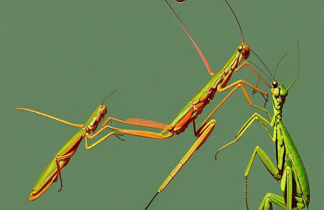 Image similar to implied lines, 4 k criterion collection remastered cinematography a praying mantis eating a dragonfly, photo realistic postprocessing interpolated by syd mead, claude gellee painting by james audubon