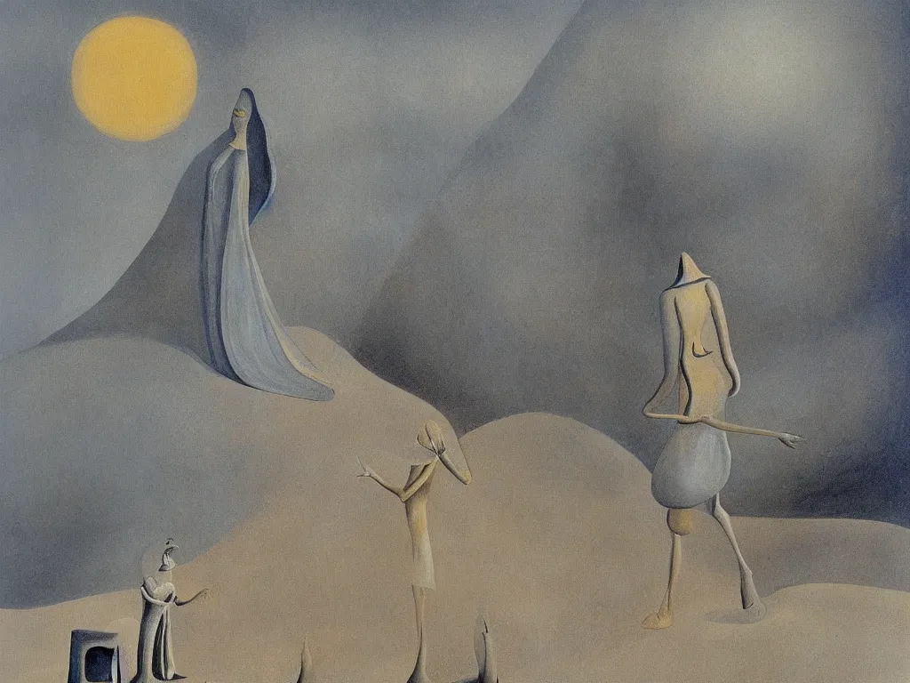 Image similar to scene with figure in the desert. painting by remedios varo