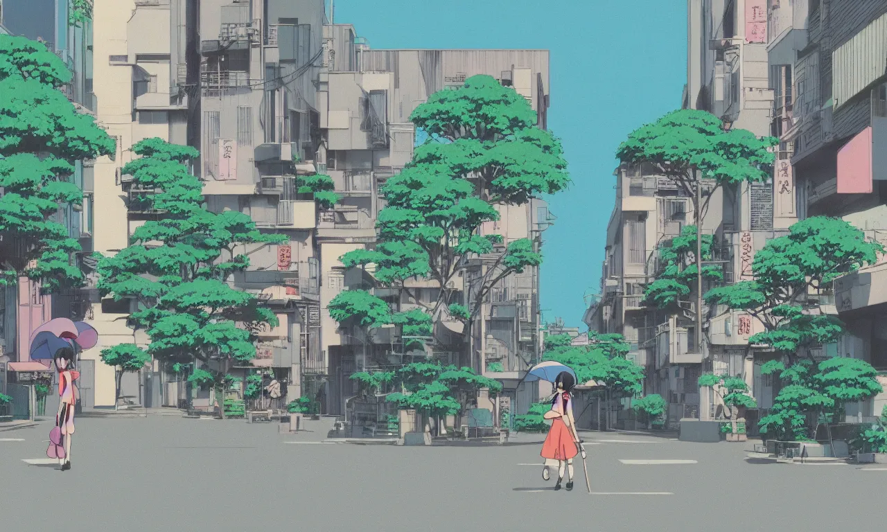 Prompt: A cute aesthetic still frame from an 80's anime, Studio Ghibili, Kyoto animation studio, minimal street in Japan with lush plants, sun set, tall buildings, girl walking with umbrella