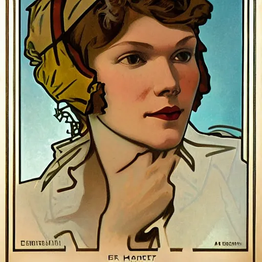 Image similar to amelia earhart, painted by alphonse mucha