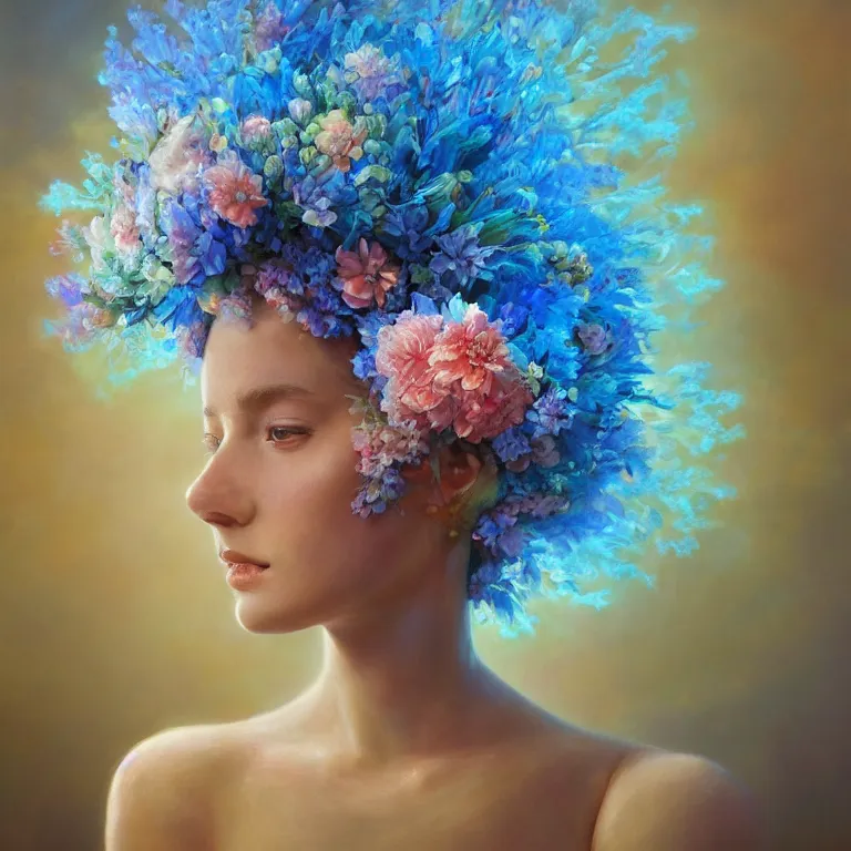 Image similar to a beautiful oil painting hyperrealism of a beautiful young woman, flowers, floral headdress, 8 k resolution, octane render, trending on artstation, by gediminas pranckevicius, volumetric light 2 blue fractal thunder glow by dan mumford, anaglyph effect, laurie lipton