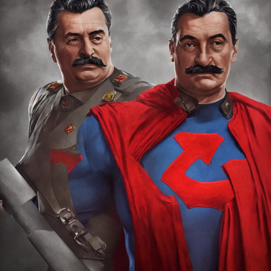 Image similar to stalin as superman, red son, socialist realism, sovietwave aesthetic, hammer and sickles, groundbreaking, award winning, breathtaking, superb, hyper realistic, detailed picture, intricate digital art, trending artstation, 8 k, unreal 5, octane render, vfx, volumetric lighting, rich moody colors, fan art, concept art