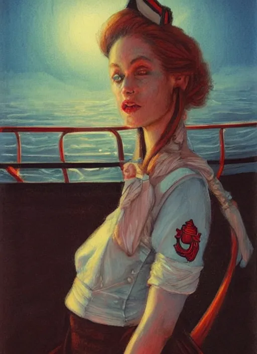 Image similar to portrait of sailor on ship deck, beautiful! coherent! by brom, deep color, strong line, high contrast